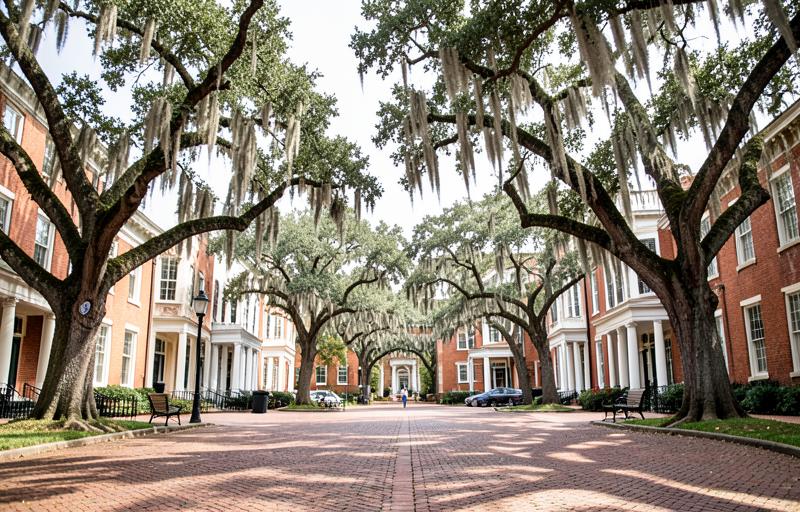 Savannah, Georgia'da meşe ağaçlı tarihi meydan