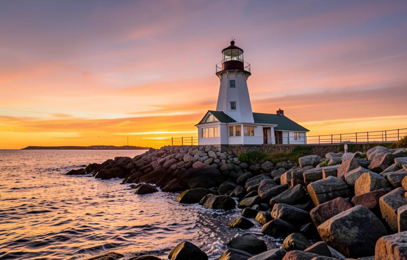 Michigan'da Büyük Göller kıyısında gün batımında deniz feneri