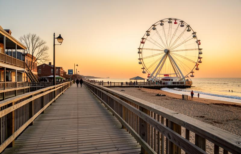 New Jersey sahilinde dönme dolaplı tahta iskele
