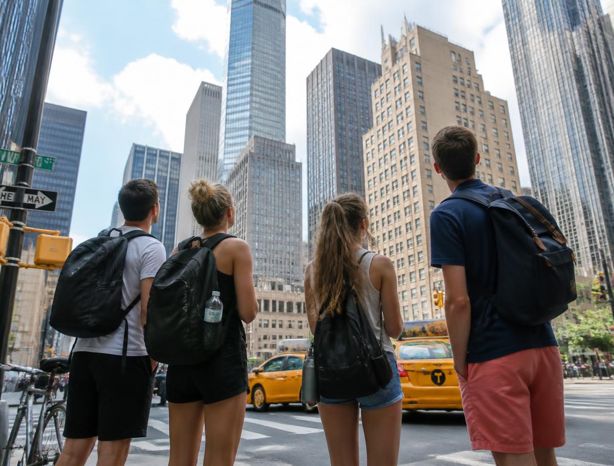 New York sokaklarında gökdelenlere bakan sırt çantalı öğrenci grubu